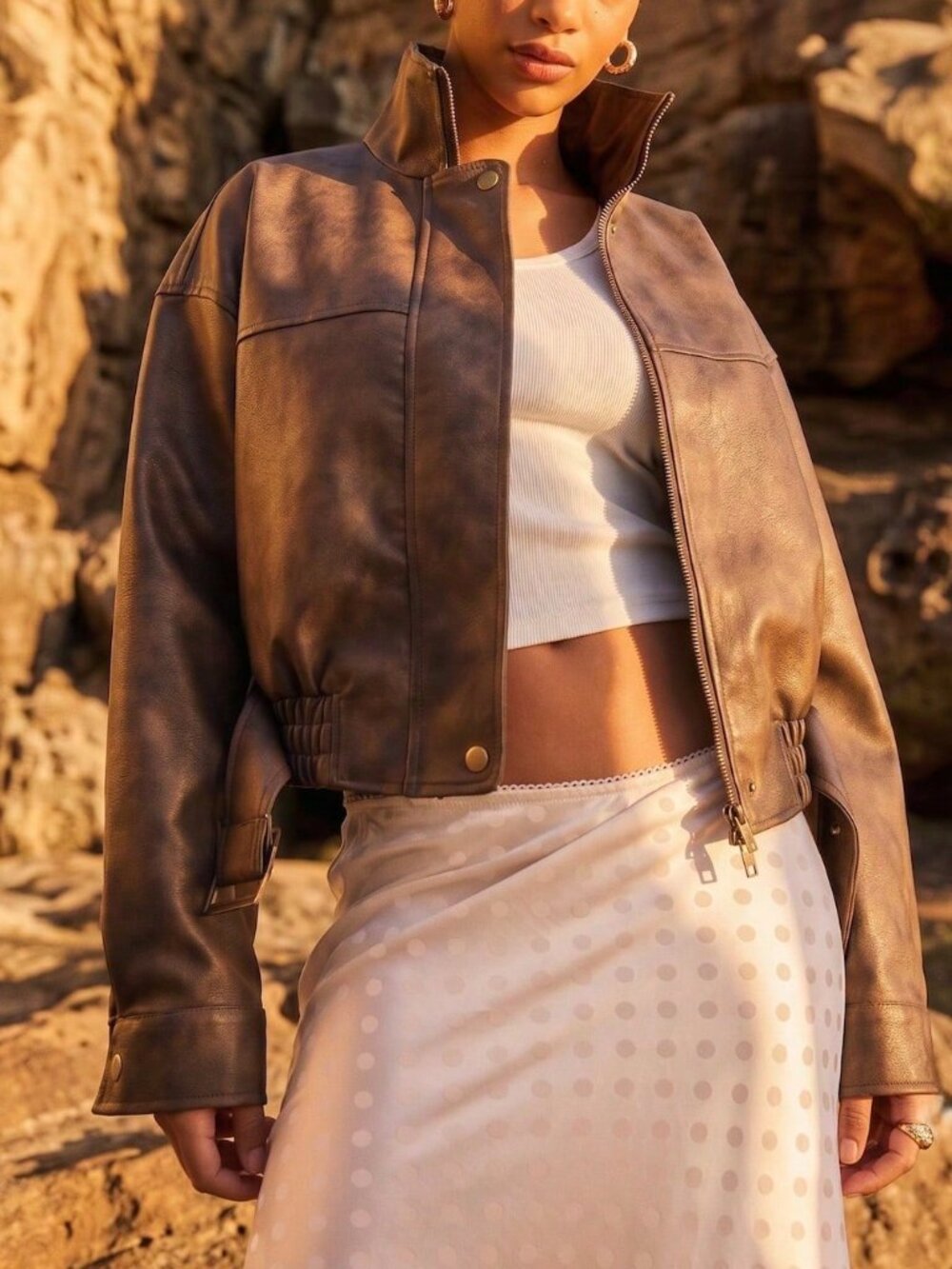Rust Brown Casual Women's Funnel Neck Faux Leather Jacket With Buckle Belt